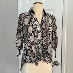 Express button down blouse with ruched half sleeves
